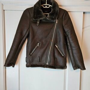 Forever 21 Jacket Womens Small Faux Leather Fur Brown Aviator Moto Steampunk